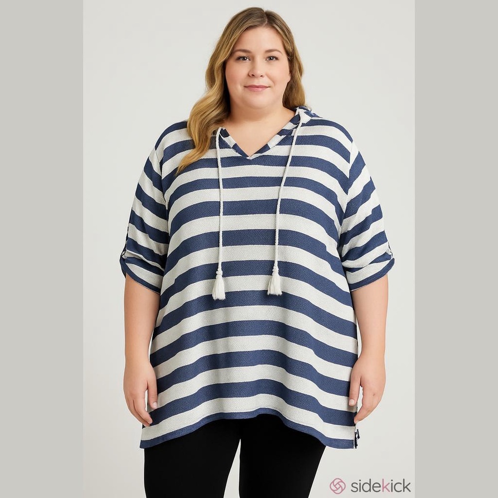 Time and Tru Women’s Striped Blue and White Hoodie Top Size: LG (12-14)